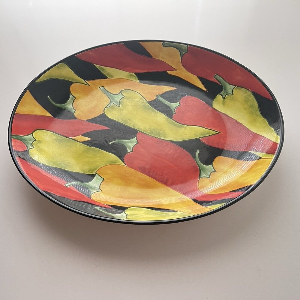 Clay Art Caliente Oval Serving Platter StoneLite Clay Handpainted Peppers 17.5"